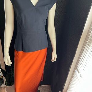 Ann Taylor Dark Blue Blouse and Bright Orange Skirt